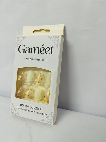 Gameet Cute Press on Nails Short Square Fake Nails with Flower designs False Nails Glossy Full Cover Yellow Stick on Nails French Tip Press ones Gel Glue on Nails for Women Summer Acrylic Nails 24pcs