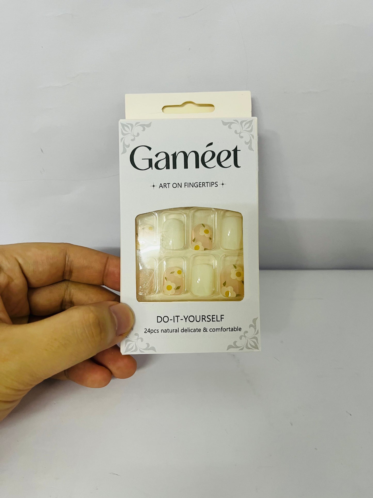 Gameet Cute Press on Nails Short Square Fake Nails with Flower designs False Nails Glossy Full Cover Yellow Stick on Nails French Tip Press ones Gel Glue on Nails for Women Summer Acrylic Nails 24pcs