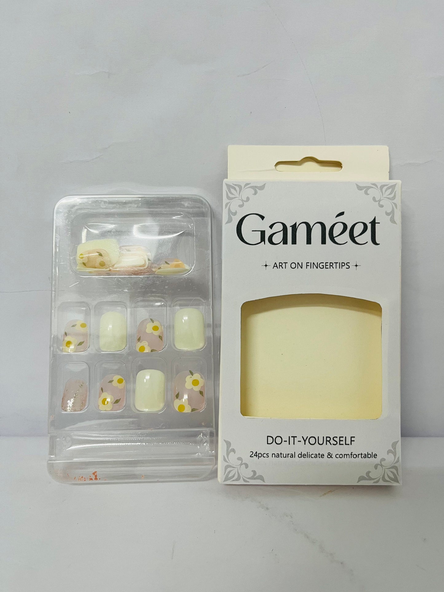 Gameet Cute Press on Nails Short Square Fake Nails with Flower designs False Nails Glossy Full Cover Yellow Stick on Nails French Tip Press ones Gel Glue on Nails for Women Summer Acrylic Nails 24pcs