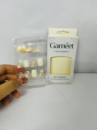 Gameet Cute Press on Nails Short Square Fake Nails with Flower designs False Nails Glossy Full Cover Yellow Stick on Nails French Tip Press ones Gel Glue on Nails for Women Summer Acrylic Nails 24pcs