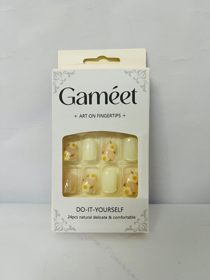 Gameet Cute Press on Nails Short Square Fake Nails with Flower designs False Nails Glossy Full Cover Yellow Stick on Nails French Tip Press ones Gel Glue on Nails for Women Summer Acrylic Nails 24pcs