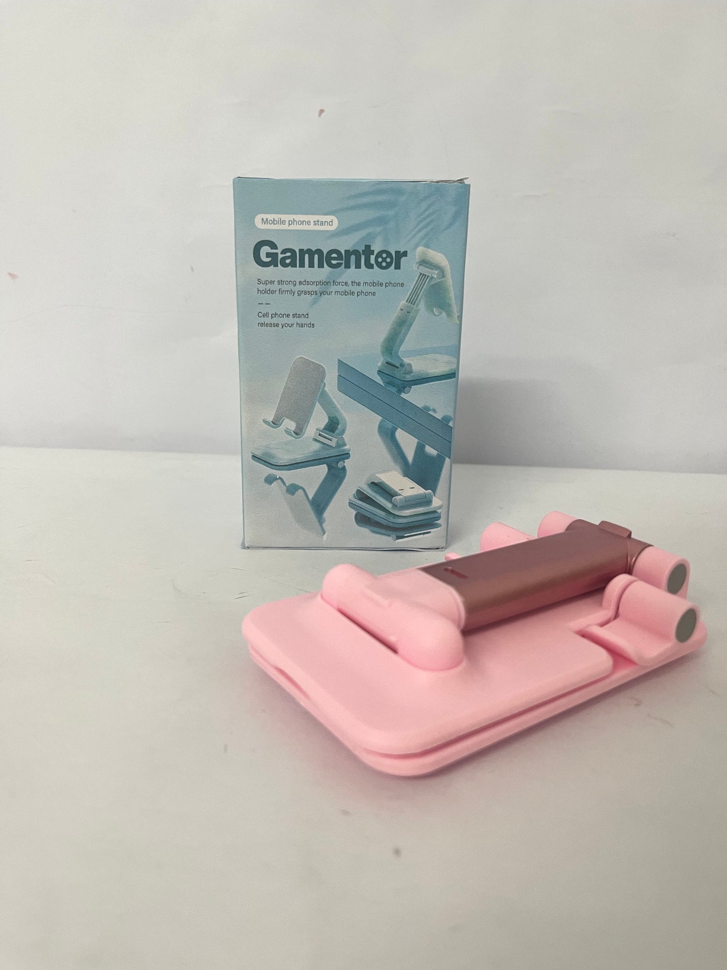 Gamentor Cell Phone Stand, Adjustable Angle and Height Cell Phone Holder for Desk, Foldable and Portable, Anti-Slip Silicone Pad, Compatible with All Mobile Phones and 4-8 Inch Devices, Pink