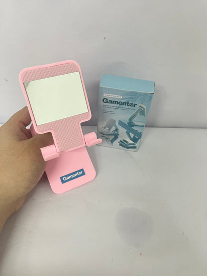 Gamentor Cell Phone Stand, Adjustable Angle and Height Cell Phone Holder for Desk, Foldable and Portable, Anti-Slip Silicone Pad, Compatible with All Mobile Phones and 4-8 Inch Devices, Pink