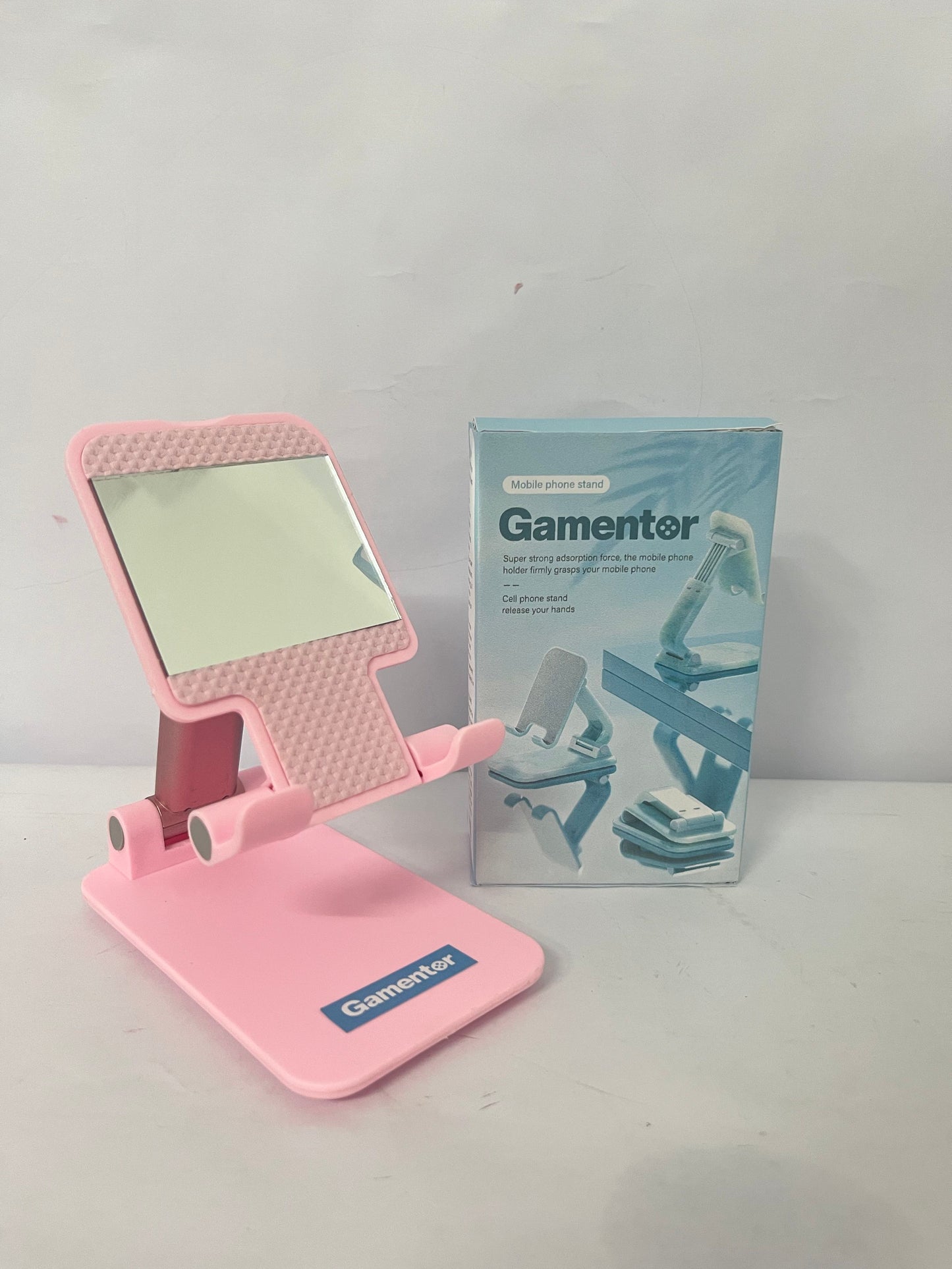 Gamentor Cell Phone Stand, Adjustable Angle and Height Cell Phone Holder for Desk, Foldable and Portable, Anti-Slip Silicone Pad, Compatible with All Mobile Phones and 4-8 Inch Devices, Pink