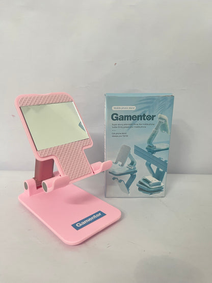 Gamentor Cell Phone Stand, Adjustable Angle and Height Cell Phone Holder for Desk, Foldable and Portable, Anti-Slip Silicone Pad, Compatible with All Mobile Phones and 4-8 Inch Devices, Pink