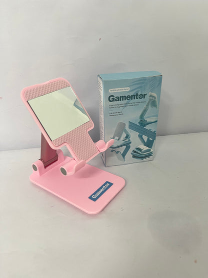 Gamentor Cell Phone Stand, Adjustable Angle and Height Cell Phone Holder for Desk, Foldable and Portable, Anti-Slip Silicone Pad, Compatible with All Mobile Phones and 4-8 Inch Devices, Pink
