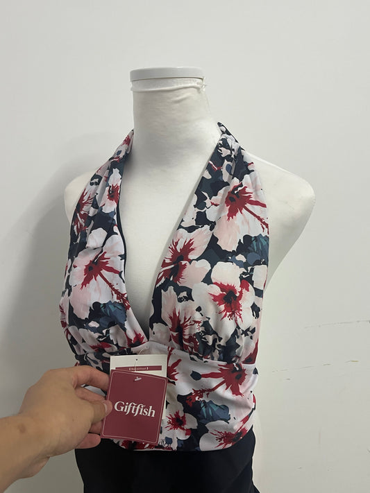 Giftfish Halter Deep V Swimsuit for Women - Quick Dry Elastic Ruched Top High Waisted Bottom Floral Bathing Suit
