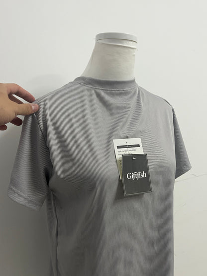 Giftfish Women's Slim-Fit Mock Neck Short-Sleeve T-Shirt, Soft Striped Knit Casual Top for Daily/Work (Gray)