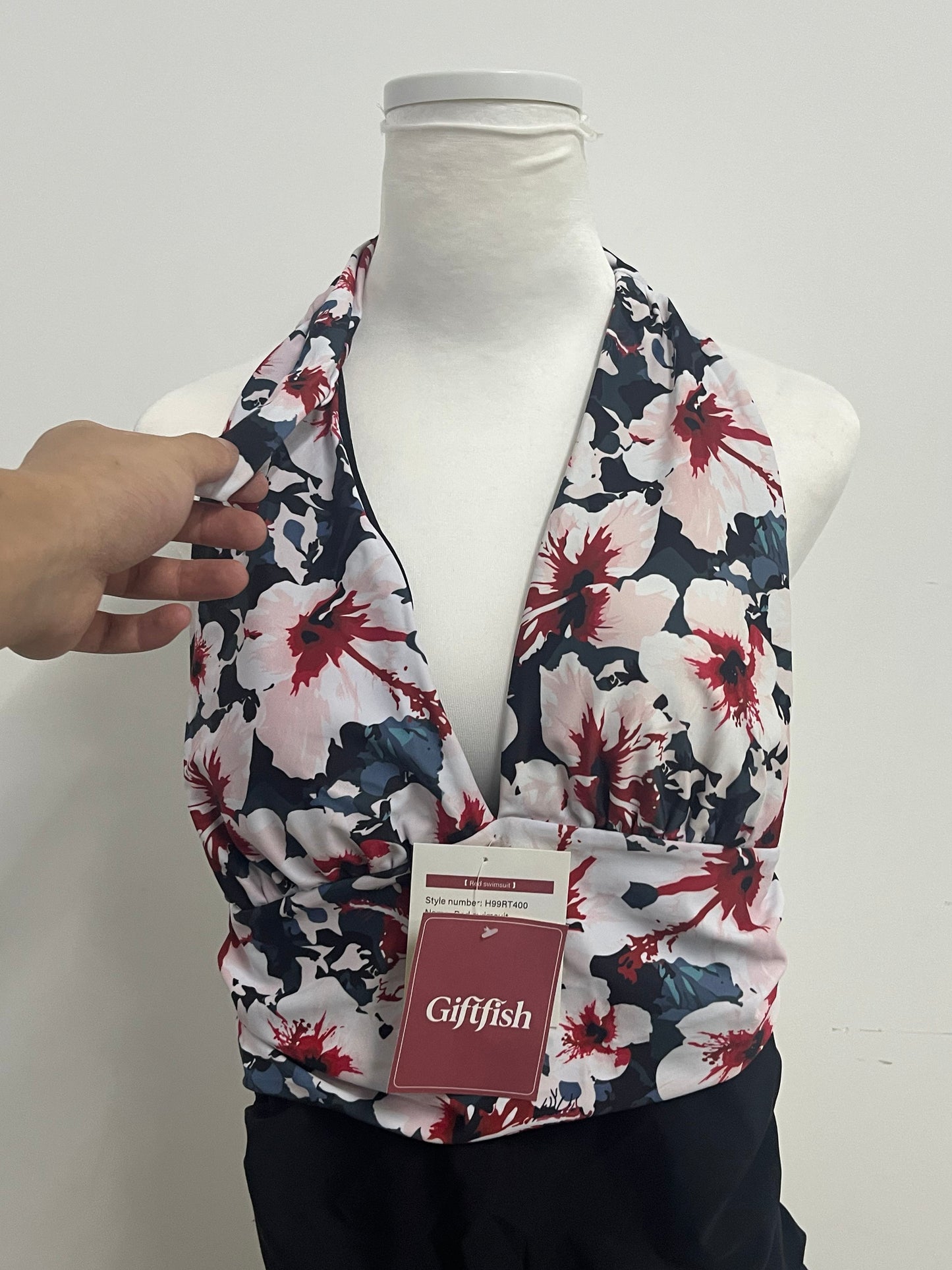 Giftfish Halter Deep V Swimsuit for Women - Quick Dry Elastic Ruched Top High Waisted Bottom Floral Bathing Suit