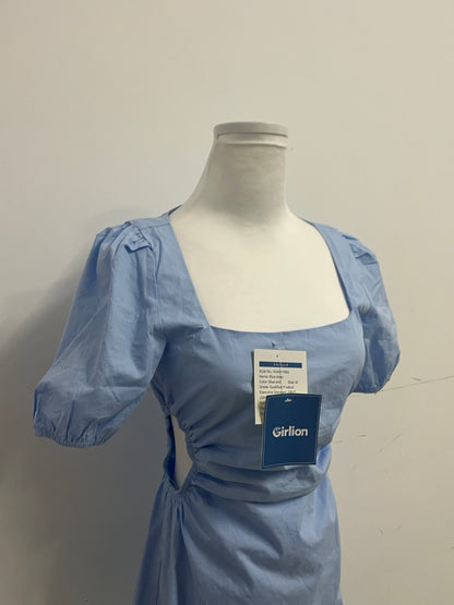 Girlion  Blue Square-Neck Ruched Mini Dress - Adjustable Waist Casual-Chic Style