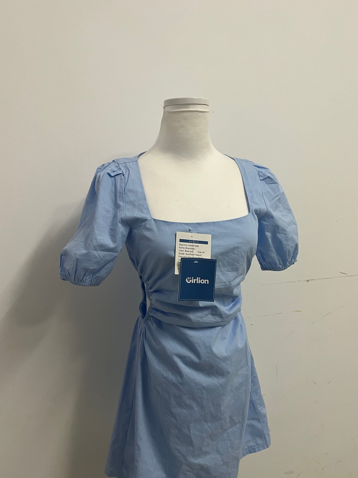 Girlion  Blue Square-Neck Ruched Mini Dress - Adjustable Waist Casual-Chic Style