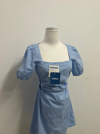 Girlion  Blue Square-Neck Ruched Mini Dress - Adjustable Waist Casual-Chic Style