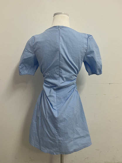 Girlion  Blue Square-Neck Ruched Mini Dress - Adjustable Waist Casual-Chic Style