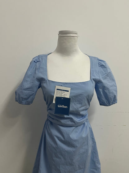 Girlion  Blue Square-Neck Ruched Mini Dress - Adjustable Waist Casual-Chic Style