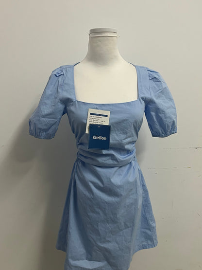 Girlion  Blue Square-Neck Ruched Mini Dress - Adjustable Waist Casual-Chic Style