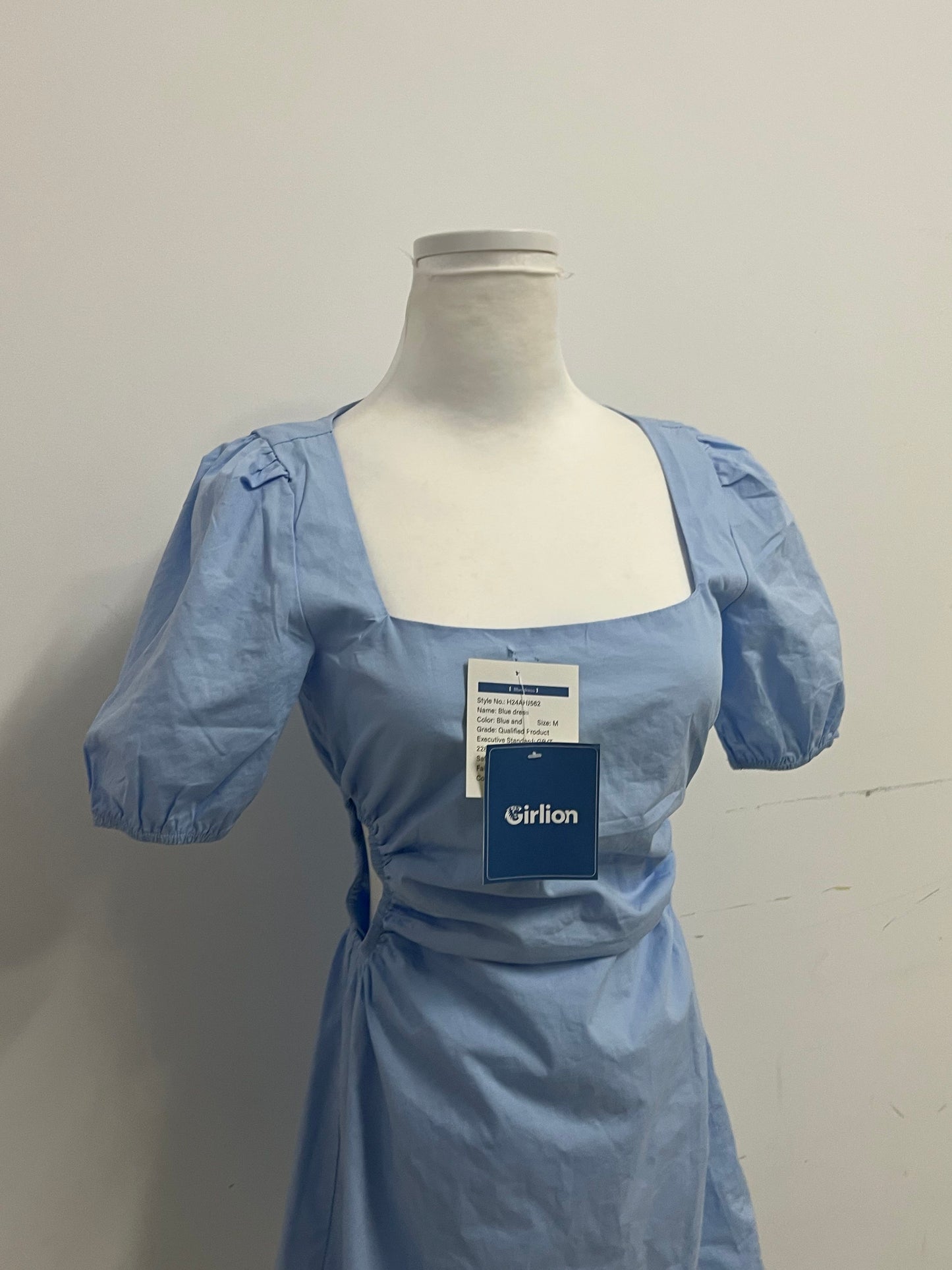 Girlion  Blue Square-Neck Ruched Mini Dress - Adjustable Waist Casual-Chic Style