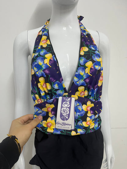 [GoAlpine Swimsuits]-Purple Floral Halter Swimsuit - Retro Print Tummy Control One-Piece