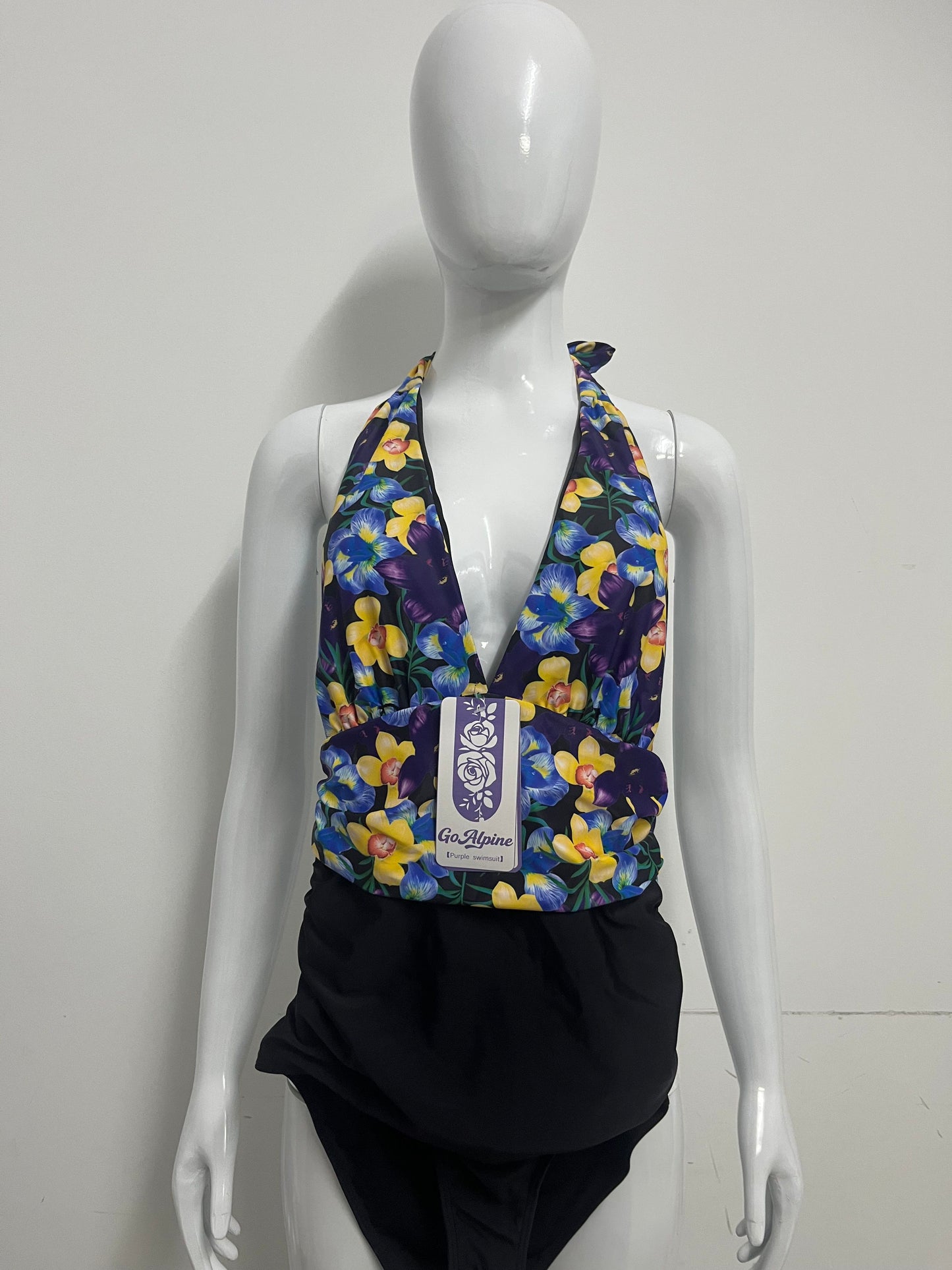 [GoAlpine Swimsuits]-Purple Floral Halter Swimsuit - Retro Print Tummy Control One-Piece