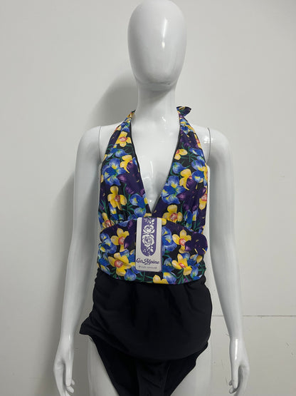 [GoAlpine Swimsuits]-Purple Floral Halter Swimsuit - Retro Print Tummy Control One-Piece