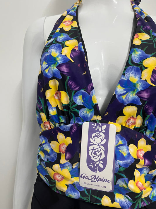 [GoAlpine Swimsuits]-Purple Floral Halter Swimsuit - Retro Print Tummy Control One-Piece
