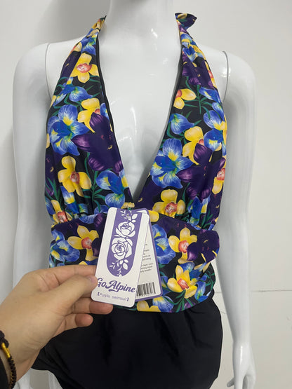 [GoAlpine Swimsuits]-Purple Floral Halter Swimsuit - Retro Print Tummy Control One-Piece