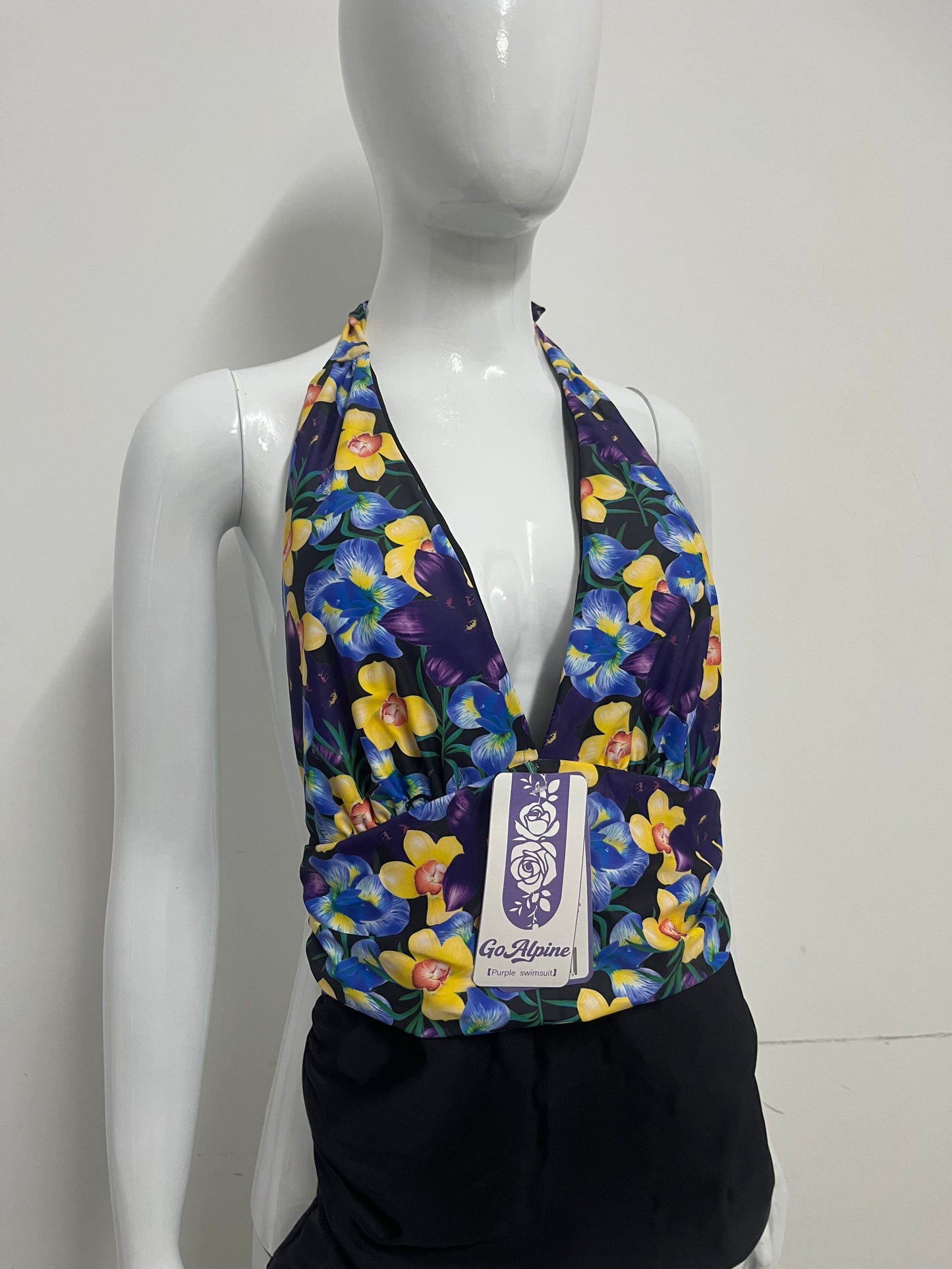 [GoAlpine Swimsuits]-Purple Floral Halter Swimsuit - Retro Print Tummy Control One-Piece