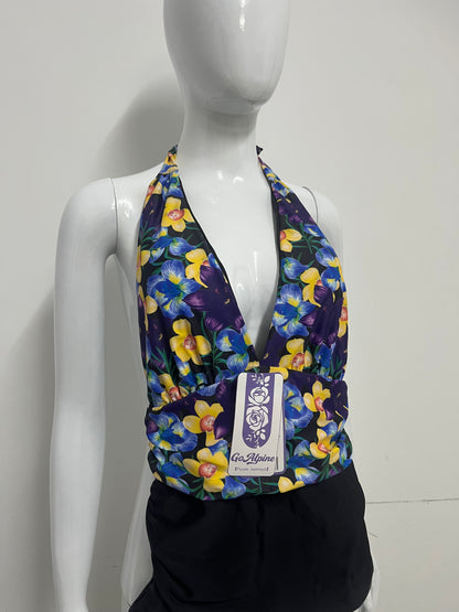 [GoAlpine Swimsuits]-Purple Floral Halter Swimsuit - Retro Print Tummy Control One-Piece