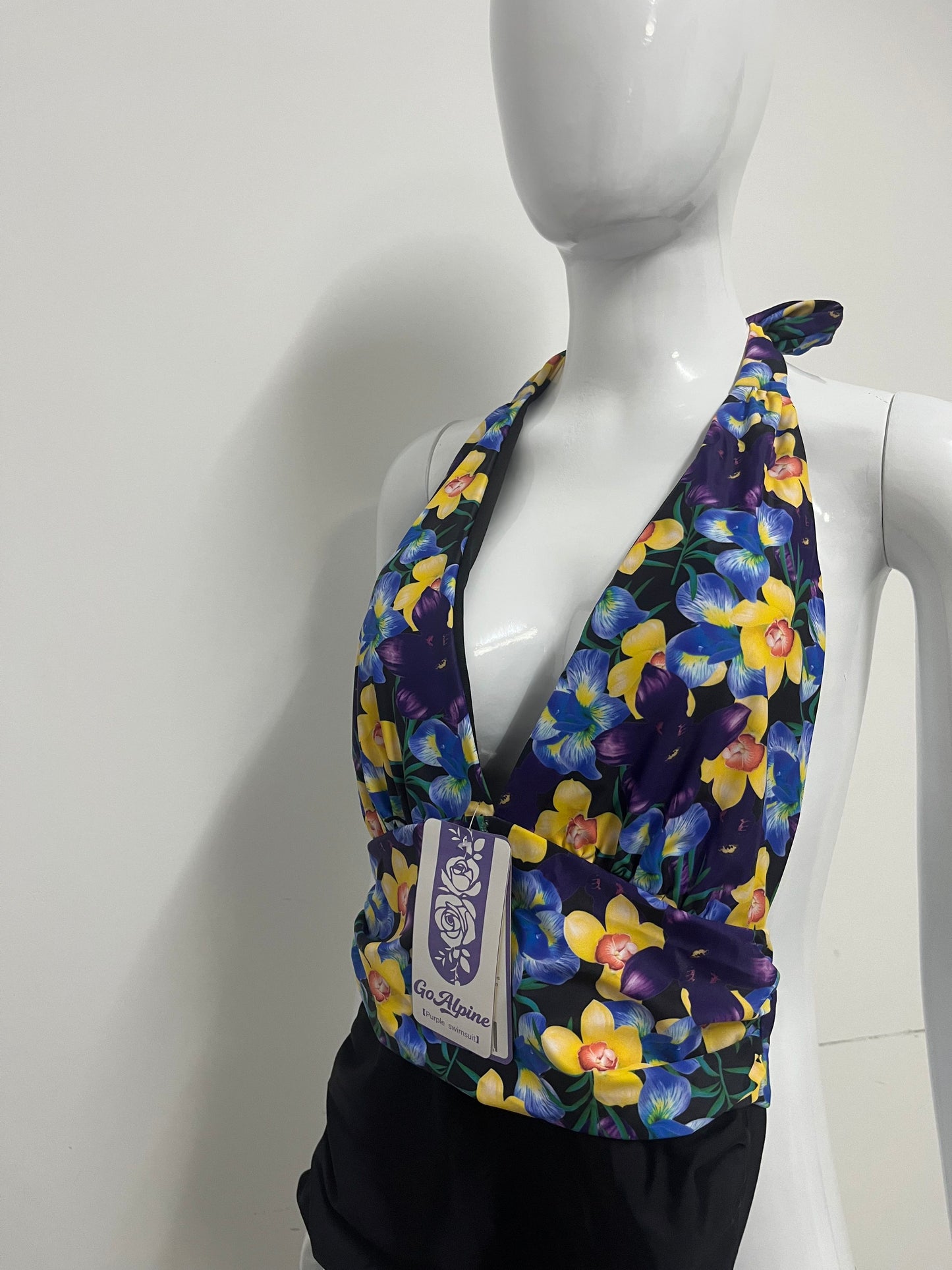 [GoAlpine Swimsuits]-Purple Floral Halter Swimsuit - Retro Print Tummy Control One-Piece