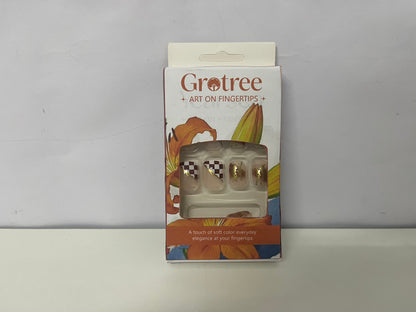 [Grotree False nails]——Checkerboard & Gold Foil Press-On Nails - Short Length Versatile Nail Art Stickers