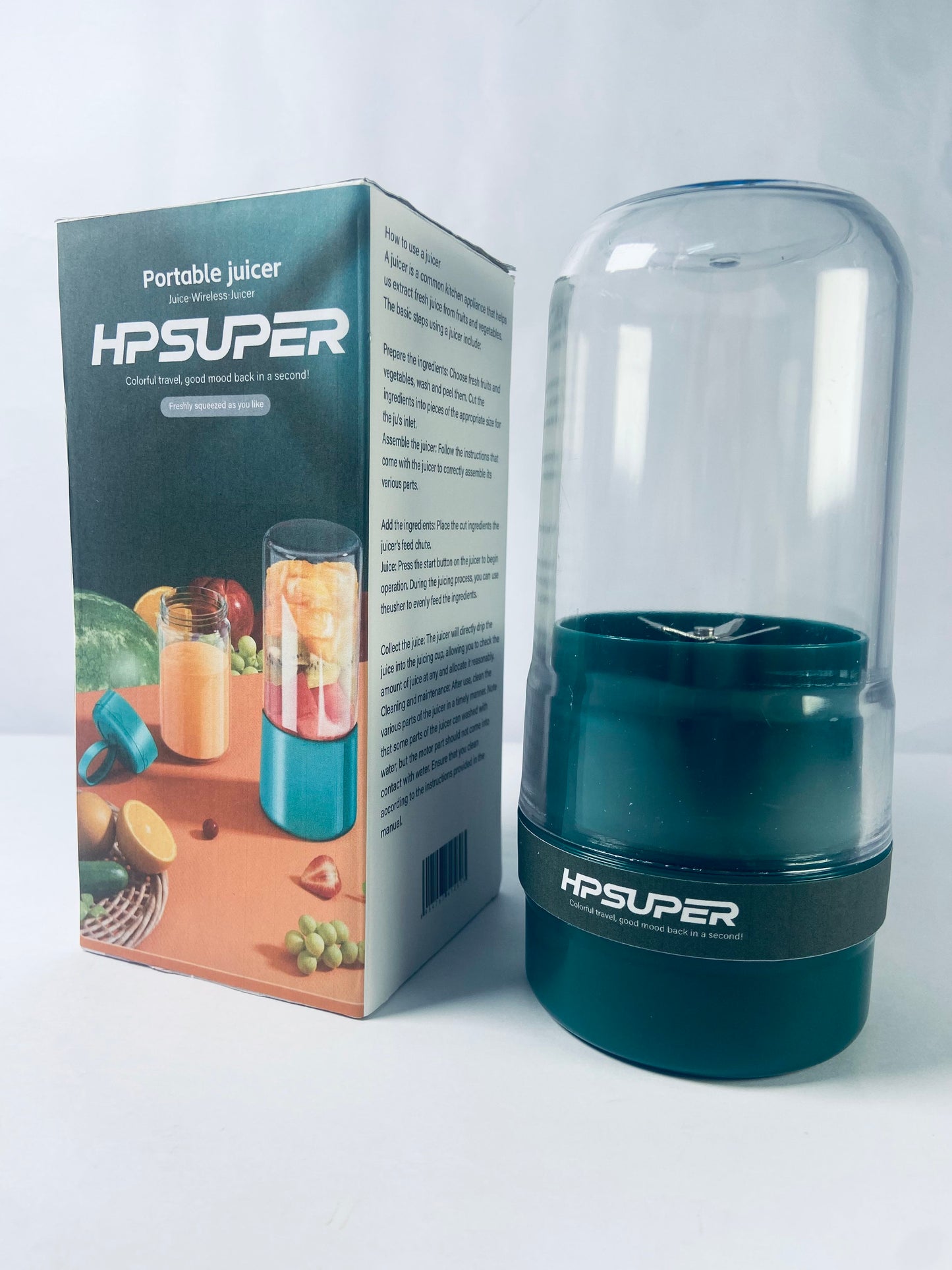 HPSUPER Portable Blender,Juicer & Smoothie Maker,Press & Twist Design,4 Tip Stainless Steel Blade,Cord Wrap,240 Watt Motor,Dark Green
