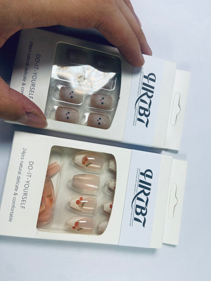 HRTBT 24Pcs Tips Press on Nails with Cherry and Cat Design for Women