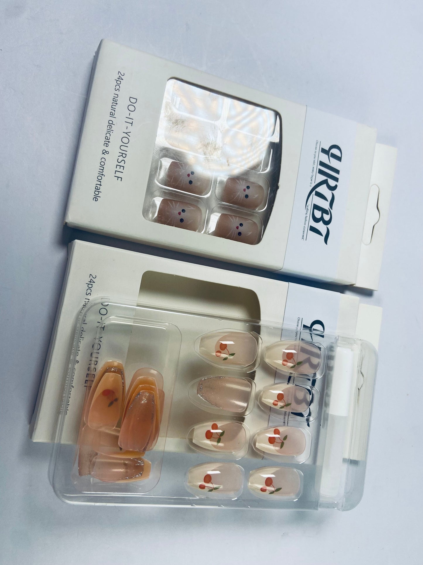 HRTBT 24Pcs Tips Press on Nails with Cherry and Cat Design for Women
