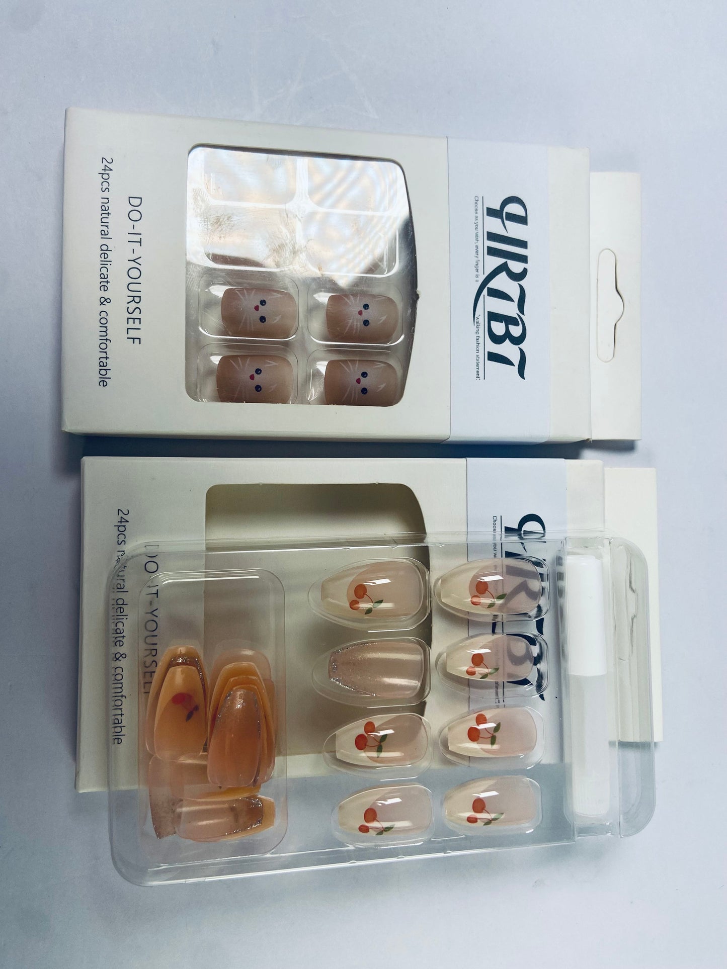 HRTBT 24Pcs Tips Press on Nails with Cherry and Cat Design for Women