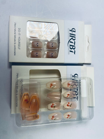 HRTBT 24Pcs Tips Press on Nails with Cherry and Cat Design for Women