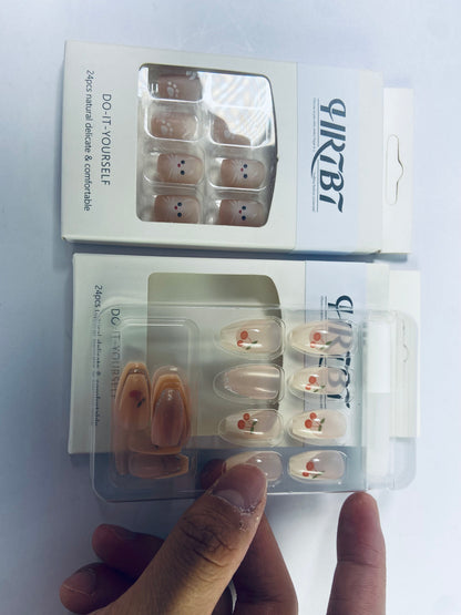 HRTBT 24Pcs Tips Press on Nails with Cherry and Cat Design for Women