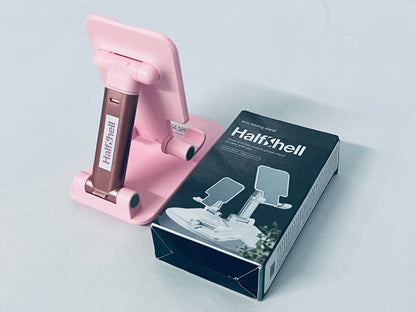 Halfshell Cell Phone Stand, Angle Height Adjustable Cell Phone Holder for Desk, Fully Foldable with Silicone Pad, Compatible with iPhone and All Mobile Phones Tablet, Sturdy Weighted Base (Pink)