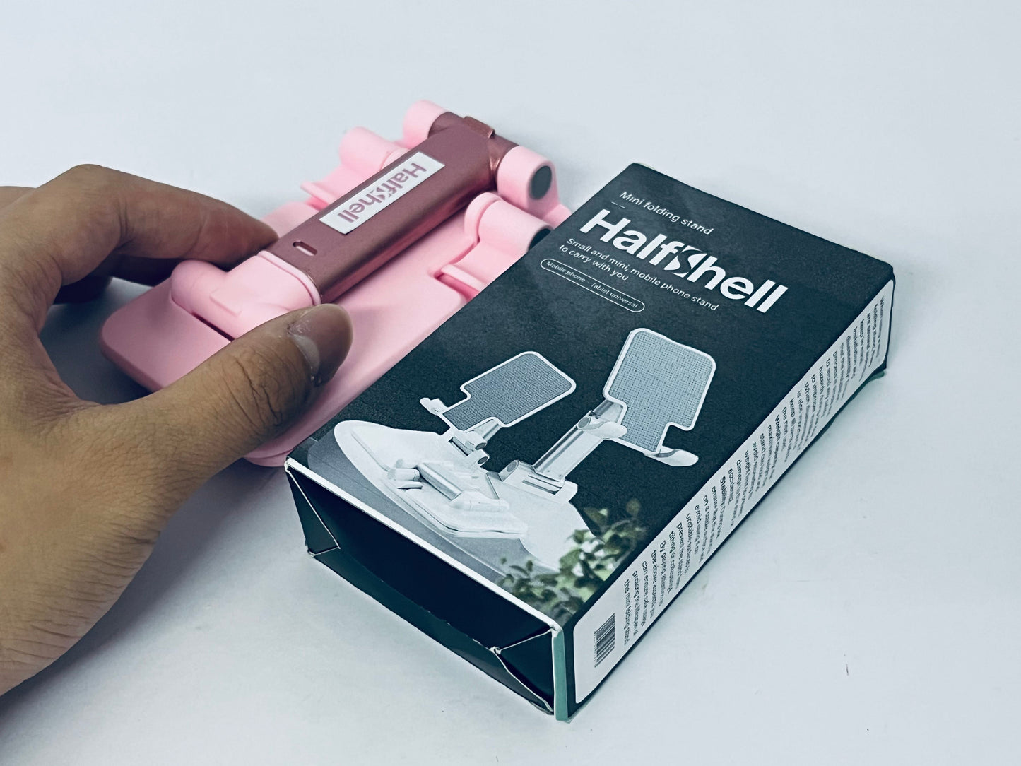Halfshell Cell Phone Stand, Angle Height Adjustable Cell Phone Holder for Desk, Fully Foldable with Silicone Pad, Compatible with iPhone and All Mobile Phones Tablet, Sturdy Weighted Base (Pink)