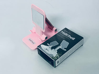 Halfshell Cell Phone Stand, Angle Height Adjustable Cell Phone Holder for Desk, Fully Foldable with Silicone Pad, Compatible with iPhone and All Mobile Phones Tablet, Sturdy Weighted Base (Pink)