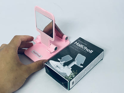 Halfshell Cell Phone Stand, Angle Height Adjustable Cell Phone Holder for Desk, Fully Foldable with Silicone Pad, Compatible with iPhone and All Mobile Phones Tablet, Sturdy Weighted Base (Pink)