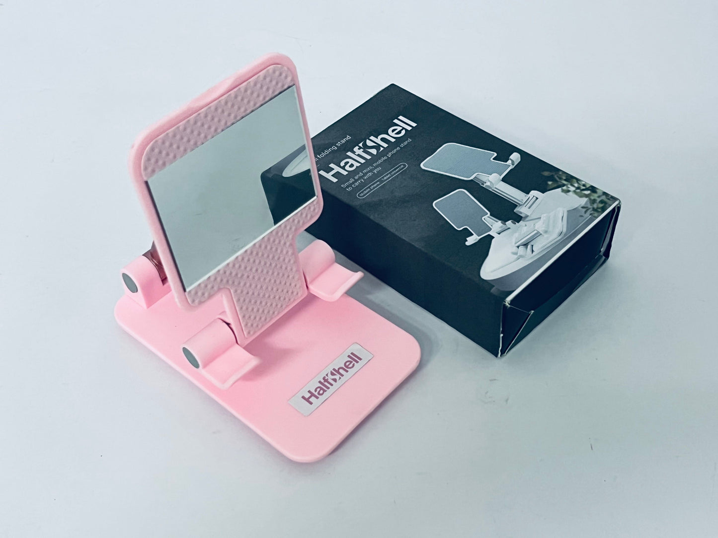 Halfshell Cell Phone Stand, Angle Height Adjustable Cell Phone Holder for Desk, Fully Foldable with Silicone Pad, Compatible with iPhone and All Mobile Phones Tablet, Sturdy Weighted Base (Pink)