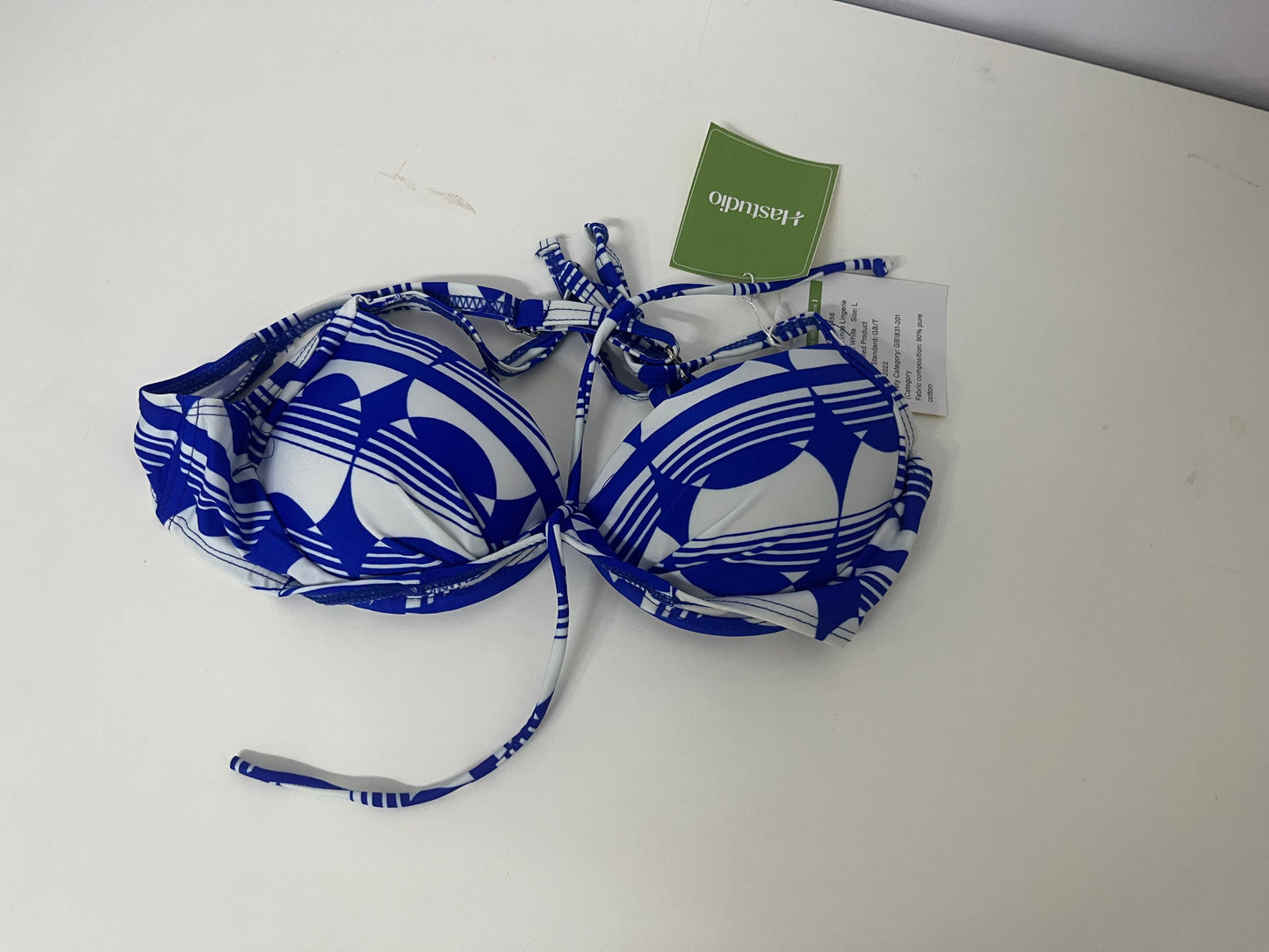Hastudio Blue and White Geometric Pattern Fashion Bra, Comfortable Pure Cotton Sexy Lace-up Design Lingerie