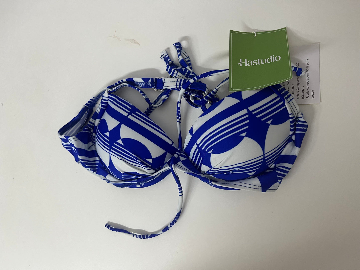 Hastudio Blue and White Geometric Pattern Fashion Bra, Comfortable Pure Cotton Sexy Lace-up Design Lingerie
