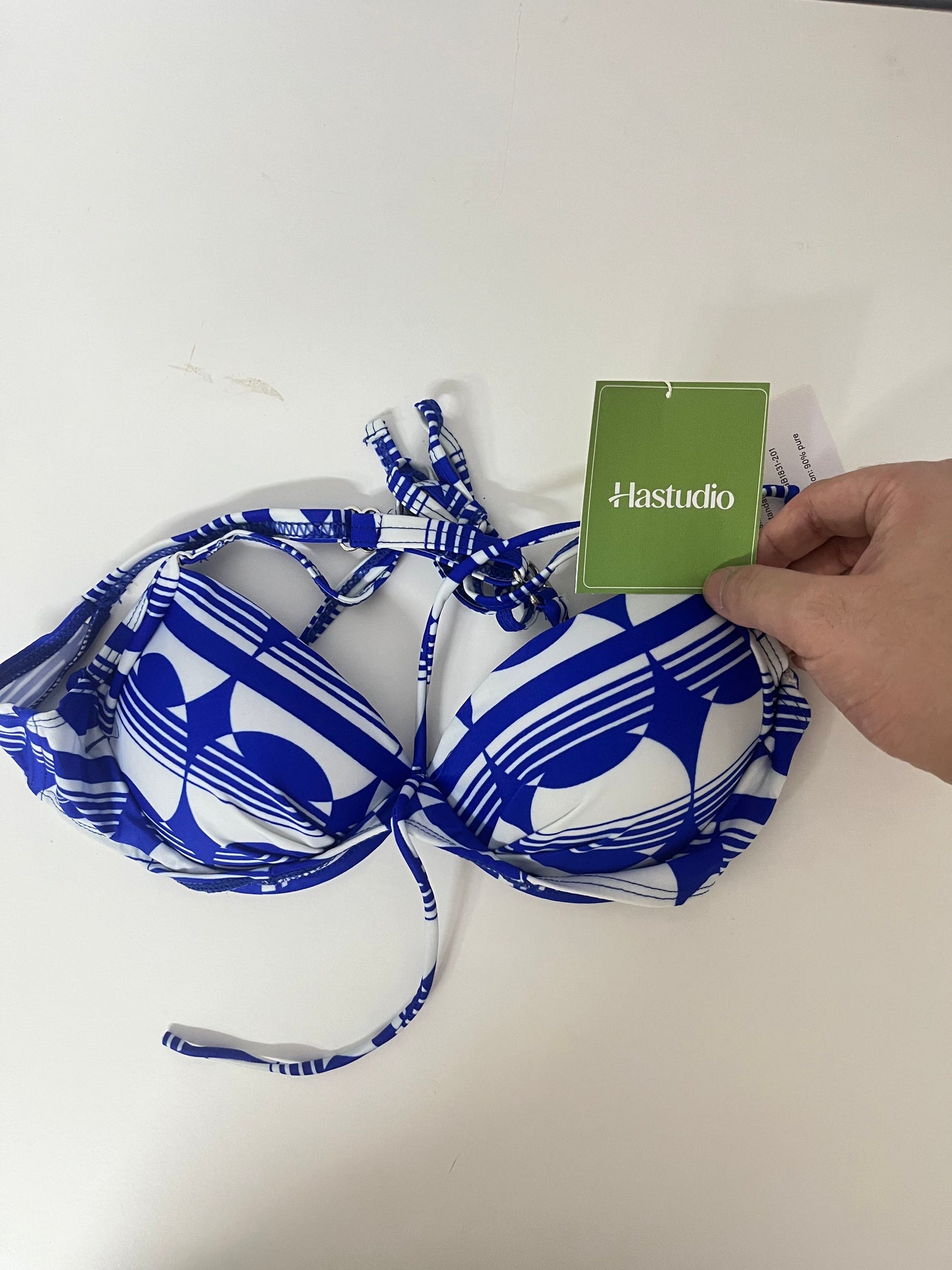 Hastudio Blue and White Geometric Pattern Fashion Bra, Comfortable Pure Cotton Sexy Lace-up Design Lingerie