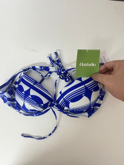 Hastudio Blue and White Geometric Pattern Fashion Bra, Comfortable Pure Cotton Sexy Lace-up Design Lingerie