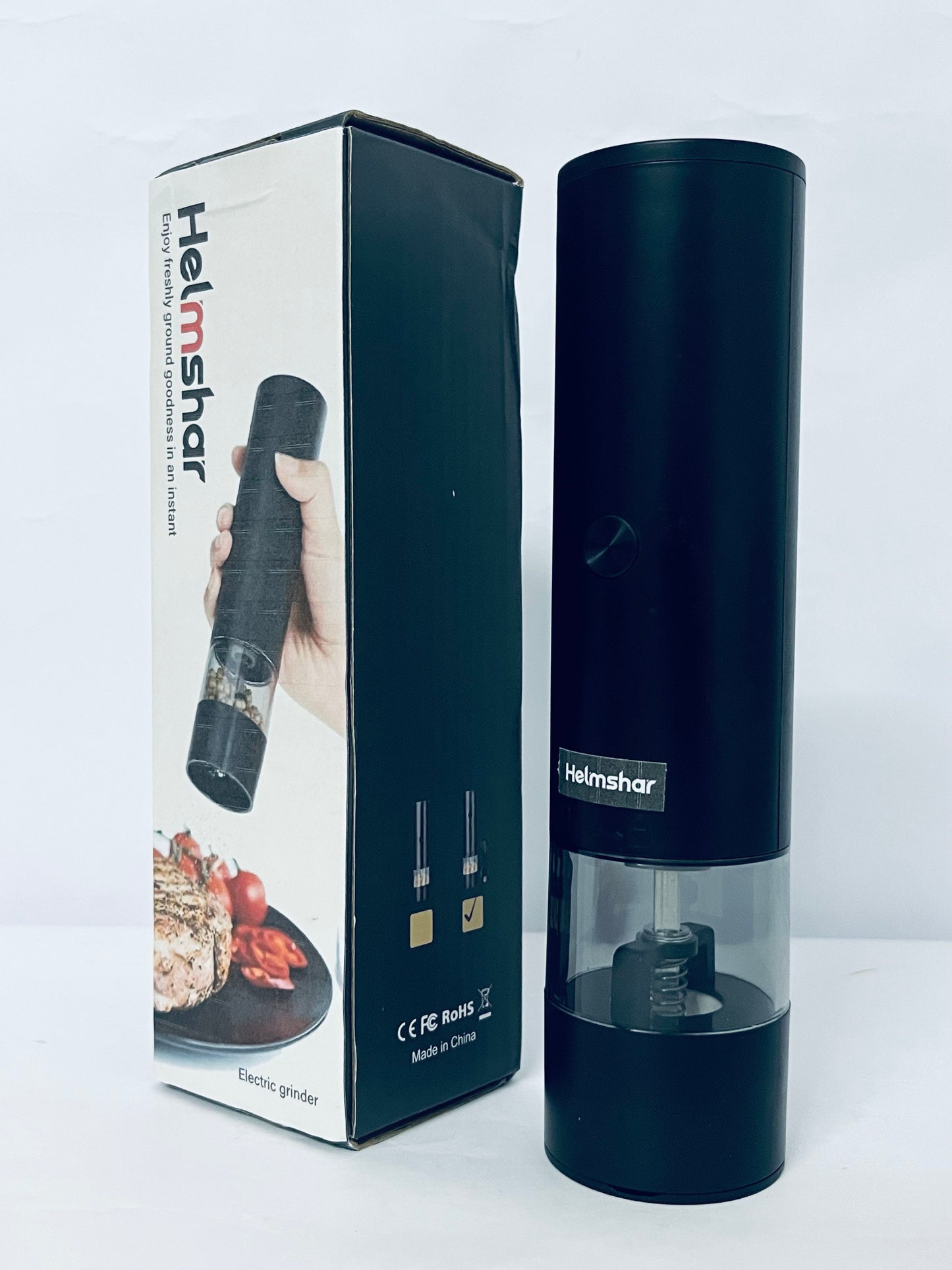 Helmshar Rechargeable Automatic Pepper Mill Grinder Adjustable Coarseness shakers, One-Hand Operation for Kitchen