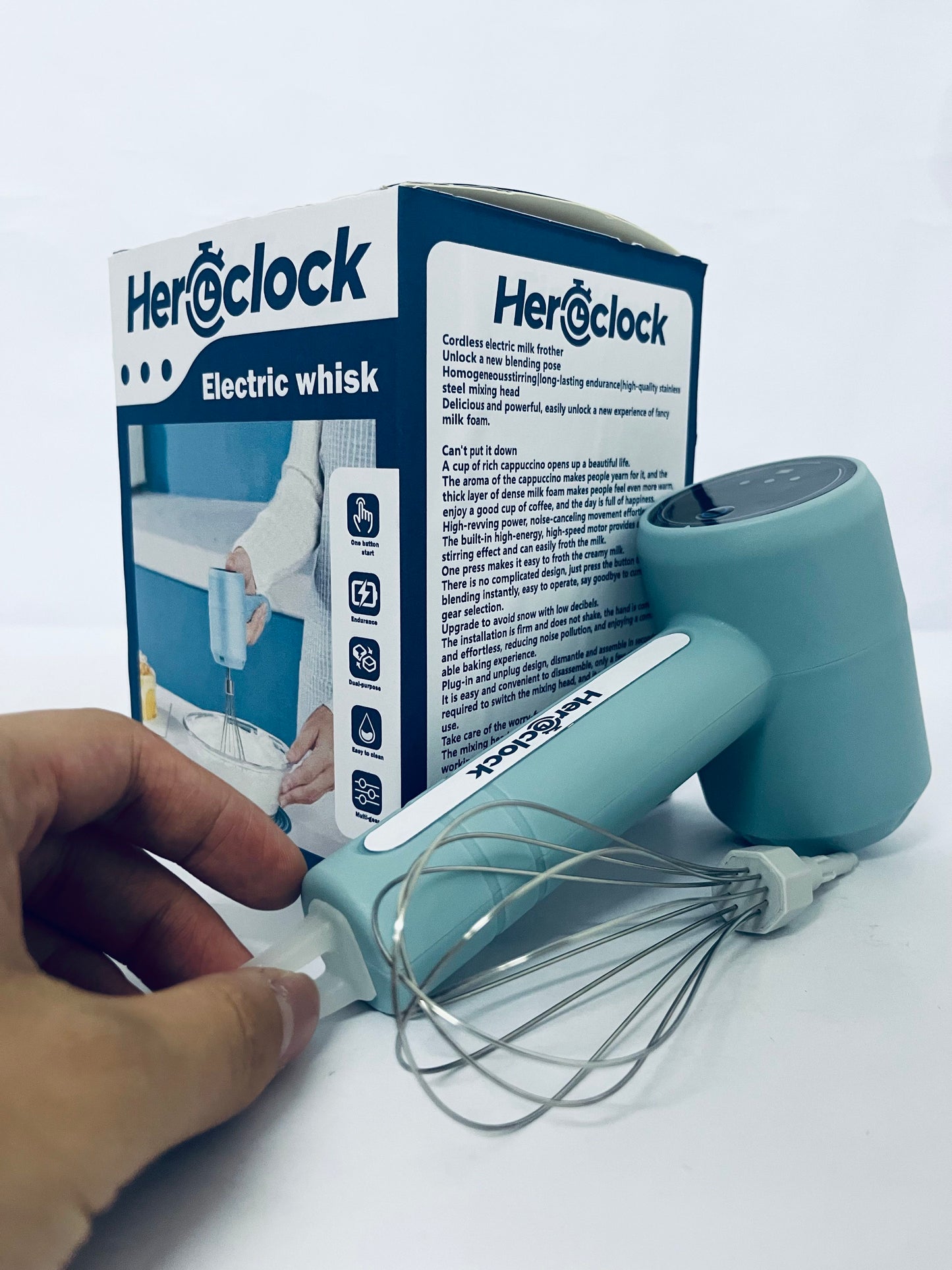 Heroclock Electric egg beaters, Cordless Handheld Electric Whisk for Baking, Mixing & Frothing