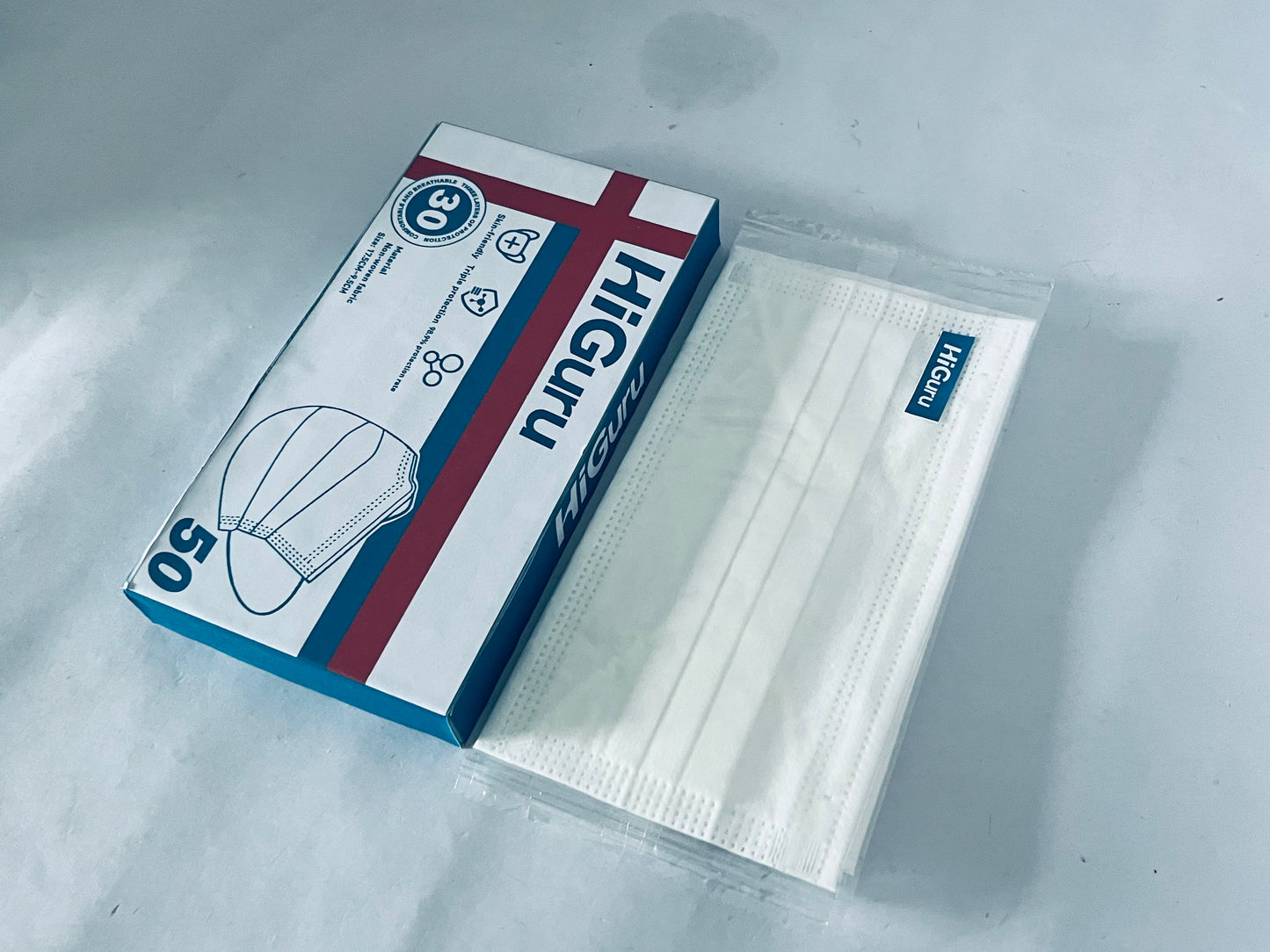 HiGuru Disposable Face Mask, 3-Layer Protection, 50 Pcs Individually Wrapped, Filtration Efficiency ≥95%, Skin-Friendly, Adult Universal, Multi-Scene Protection