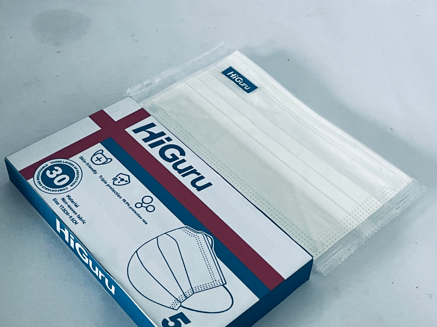 HiGuru Disposable Face Mask, 3-Layer Protection, 50 Pcs Individually Wrapped, Filtration Efficiency ≥95%, Skin-Friendly, Adult Universal, Multi-Scene Protection