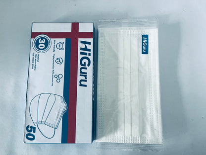 HiGuru Disposable Face Mask, 3-Layer Protection, 50 Pcs Individually Wrapped, Filtration Efficiency ≥95%, Skin-Friendly, Adult Universal, Multi-Scene Protection
