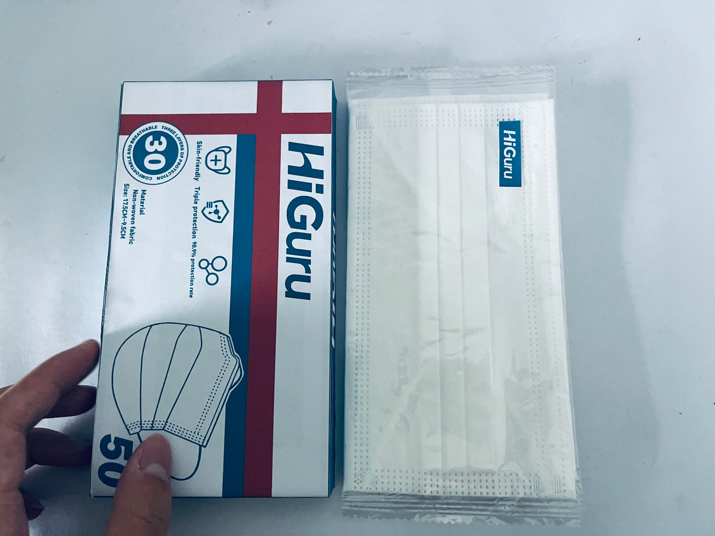 HiGuru Disposable Face Mask, 3-Layer Protection, 50 Pcs Individually Wrapped, Filtration Efficiency ≥95%, Skin-Friendly, Adult Universal, Multi-Scene Protection